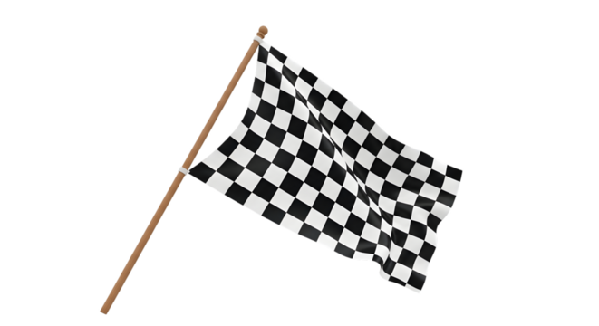 Waving checkered flag on a wooden pole with black and white squares isolated on a transparent background - Powered by Adobe