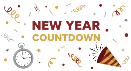 New year countdown with pocket watch, party popper, and confetti