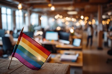 Diverse team at a modern office with rainbow pride flag on desk, showcasing workplace inclusion and collaboration