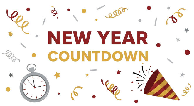 New year countdown with pocket watch, party popper, and confetti