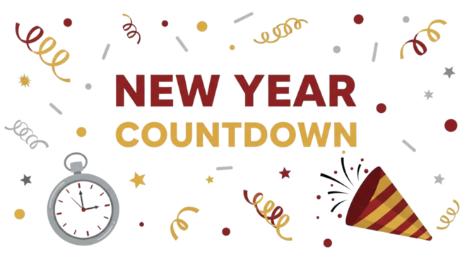 New year countdown with pocket watch, party popper, and confetti