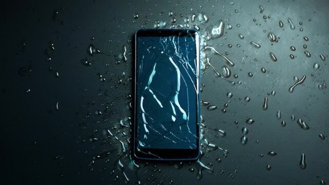 Broken smartphone with cracked screen surrounded by water droplets, damaged mobile phone display showing shattered glass texture, technology failure concept, electronic device accident, waterproof tes