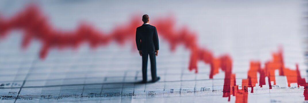 A miniature figure stands on a financial chart with rising and falling lines, symbolizing market trends and decision-making in business.