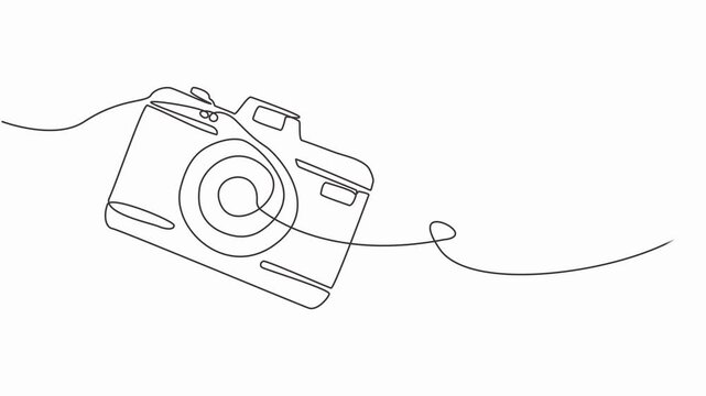One continuous editable line drawing of a professional camera. Animation on white background, Camera icon in continuous animation line style. Line art of photo camera.