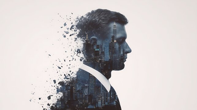 A creative double exposure artwork featuring a man's silhouette blended with a city skyline, symbolizing the connection between humanity and urban life.