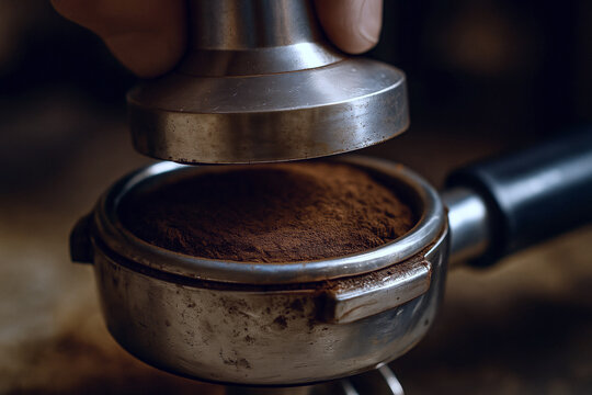 Closeup of barista hand using metal tamper to press ground coffee in espresso machine