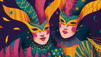 Illustrated Mardi Gras carnival masks featuring detailed feathers and intricate shapes, representing joy and artistic tradition. A symbolic celebration piece ideal for festive themes