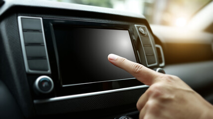 Closeup of hand touching navigation screen in modern car interior
