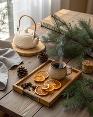 Hygge wooden table setup with tea pot, dried oranges, pine branches, warm natural textures, top-view background