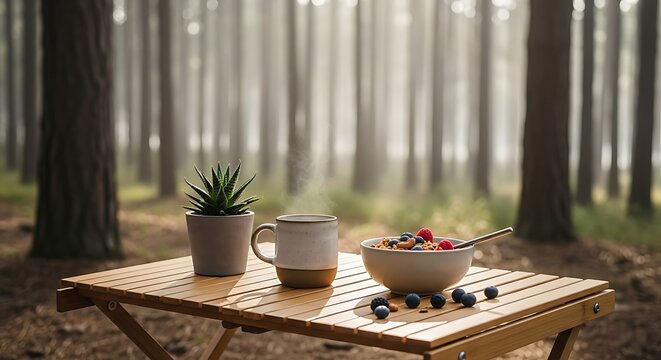 Morning breakfast on a camping table in a misty forest scene. - Powered by Adobe