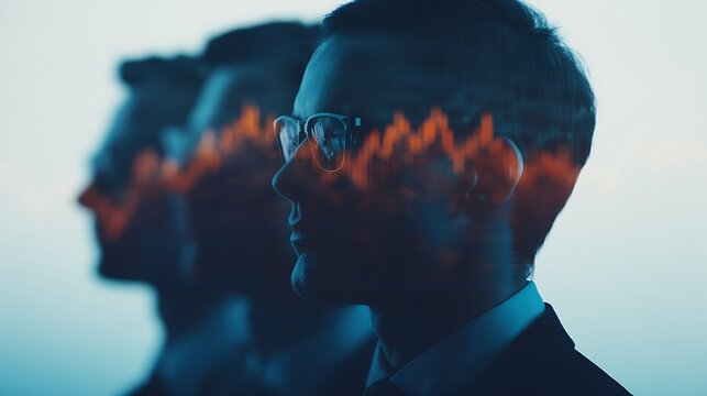 A silhouette of a business professional with glasses, overlaid with a vibrant financial graph, symbolizes insight and analysis in the corporate world.