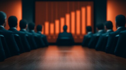 A group of business professionals sits around a table, focused on a presentation showing a rising graph, indicating growth and strategic planning.