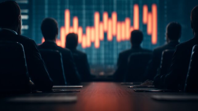 A group of professionals observes a digital screen displaying financial data and trends during a business meeting.