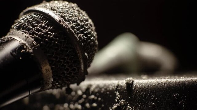 Dust clogged microphone and speaker macro shot, gritty textured close up audio equipment covered in particles under dramatic studio low light, symbolizing sound quality distortion and damaged recordin