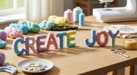 Colorful Yarn Letters Spelling Create Joy on Wooden Craft Table with Sewing Equipment and Buttons