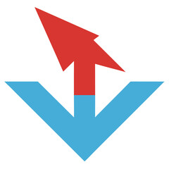 Red arrow emerging from blue downward pointing v shape