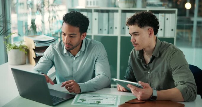 Laptop, office and discussion with business men for insurance metrics, risk management or idea. Computer, data or brokers planning in meeting with tablet for coverage chart, team proposal or solution