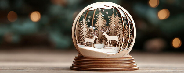 Wooden christmas snow globe with reindeer and pine tree design creates festive winter scene perfect for holiday decoration and joyful atmosphere