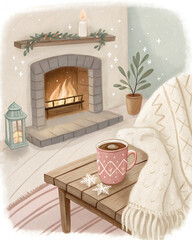 Watercolor cozy home interior with fireplace, blanket, hot cocoa, gentle winter ambiance, pastel tones