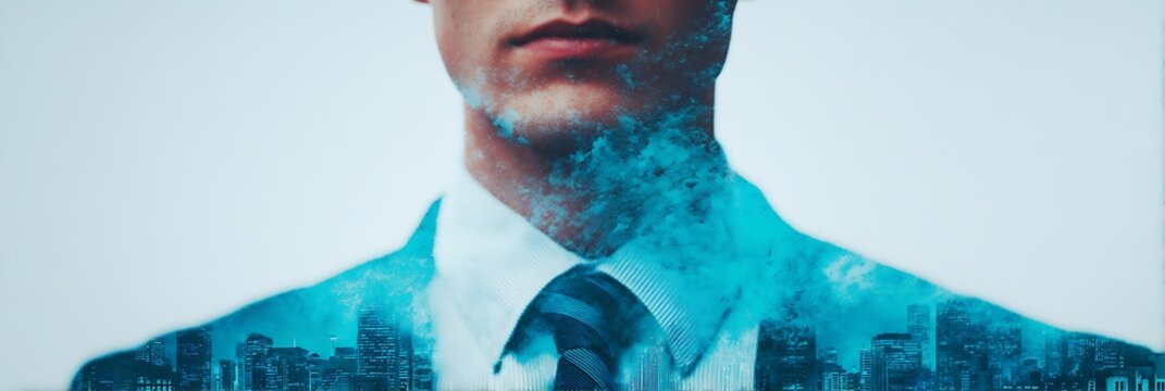 A professional figure with a cityscape overlay, blending corporate identity and urban life, representing modern business and innovation.