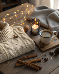 Flat lay of cozy winter essentials — knitted sweater, cinnamon sticks, coffee cup, warm light shadows, soft-focus background