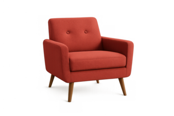 Red mid-century modern armchair offering comfortable seating, upholstered with exposed wooden legs, perfect for home interiors