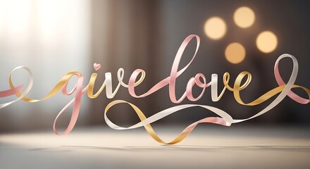 Decorative Ribbons Spelling Out Give Love in Elegant Pink Gold Script with Soft Light and Bokeh Background