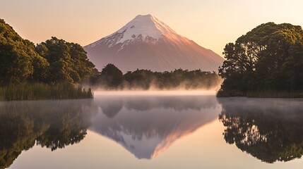Misty morning reflection of snowy mountain over tranquil lake high resolution photo