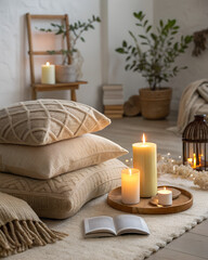 Cozy lifestyle scene with warm candlelight, soft textiles, neutral beige tones, minimal hygge aesthetic background