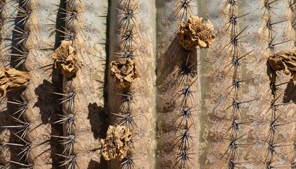 Close up of a Saguaro cactus in the desert with dry brown organic growths and sharp spines under natural daylight