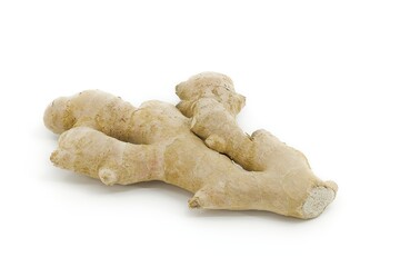 Fresh ginger root on seamless white studio backdrop.