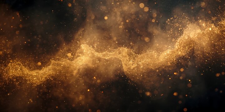 Wavy gold dust floating in dark sky forming elegant stream of shimmering particles with soft bokeh effect in blurred background