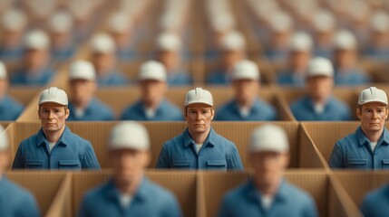 A surreal scene featuring rows of identical workers in blue uniforms and white hats, creating a striking visual of uniformity and repetition.