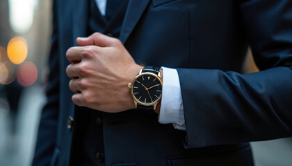 Stylish man wears dark suit, white shirt. Shows luxury gold watch with black strap on wrist. Bokeh lights blur behind in city. Pro elegant attire fits business. Modern male fashion accessory.