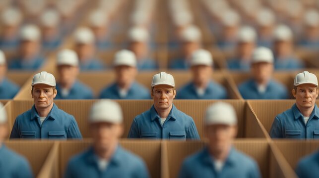 A surreal scene featuring rows of identical workers in blue uniforms and white hats, creating a striking visual of uniformity and repetition. - Powered by Adobe
