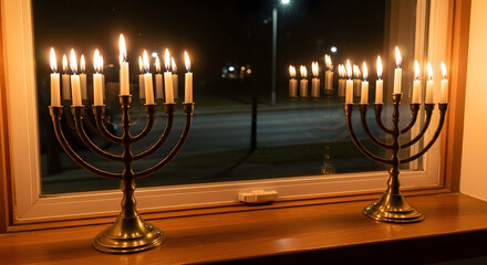 Two menorahs with lit candles glowing warmly on a windowsill at night, reflecting in the window.