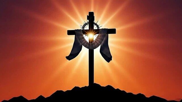 Dramatic video of the cross with crown of thorns shining on hill during vivid sunset offering hope and reflection this Easter season