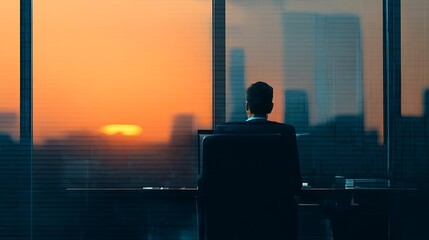 A silhouette of a businessman gazes at a sunset through office windows, capturing a moment of reflection and ambition in an urban setting.