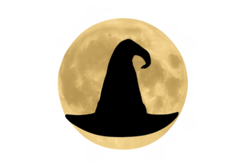 Witch hat silhouette overlaying a full moon, capturing halloween magic and mystery on a night sky scene. Transparent background