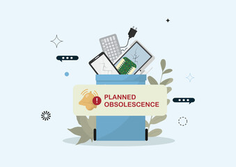 Digital Device E-Waste with Planned Obsolescence Warning. Short device lifespans and modern e-waste issues. Planned obsolescence concept. Flat design. Corporate business. Vector illustration