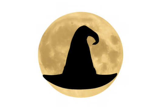 Witch hat silhouette overlaying a full moon, capturing halloween magic and mystery on a night sky scene. Transparent background