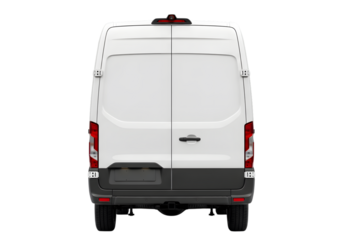 White cargo van with dark gray lower body and rear doors isolated on a transparent background white van