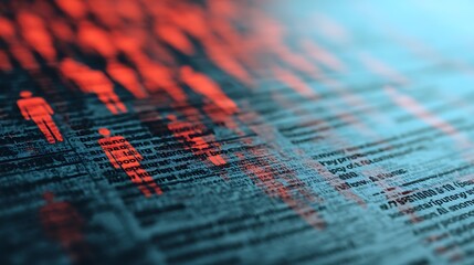 A blurred digital background with silhouettes of people in red, conveying themes of data and technology interconnected with human figures.