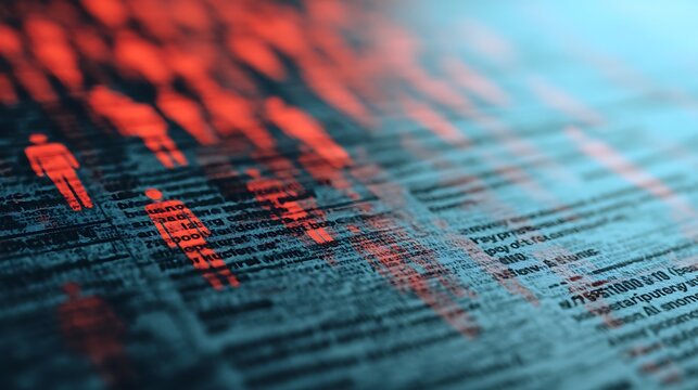 A blurred digital background with silhouettes of people in red, conveying themes of data and technology interconnected with human figures.