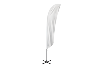 White Feather Flag with Curved Fabric Displayed on a Metal Pole and X- Base Stand isolated on a transparent background