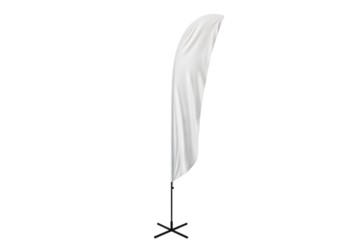 White Feather Flag with Curved Fabric Displayed on a Metal Pole and X- Base Stand isolated on a transparent background