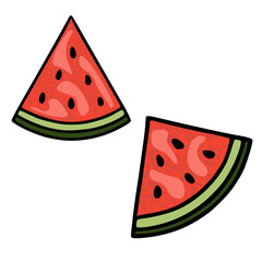 Two triangular watermelon slices, one slightly rotated, rendered as a clean vector illustration with bold black outlines and vibrant coral-red flesh speckled with black seeds, against a pure white...