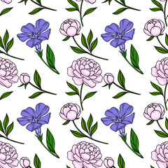 Seamless vector pattern of delicate pink peonies and vibrant blue periwinkles with green leaves on a white background.