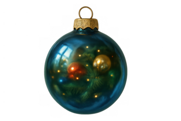 Blue christmas bauble reflecting tree lights, festive holiday ornament decoration for celebration with transparent background