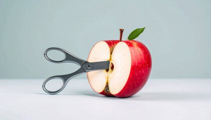 Striking still life of scissors embedded in an apple, blending symbolism with bold visual contrast. Ideal for editorial concepts, metaphorical themes, creative design, and modern artistic projects.